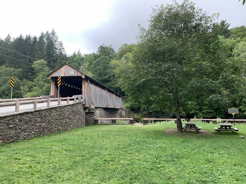 Covered Bridge Pool Marker Beside Beaverkill Covered Bridge image. Click for full size.