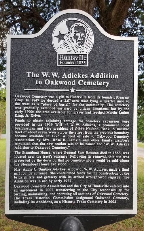 The W.W. Adickes Addition to Oakwood Cemetery Marker image. Click for full size.