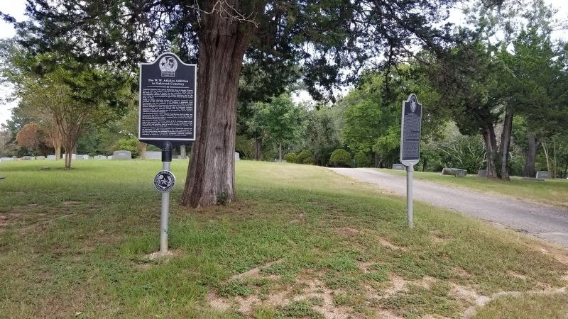 The W.W. Adickes Addition to Oakwood Cemetery Marker is the marker on the left of the two markers image. Click for full size.
