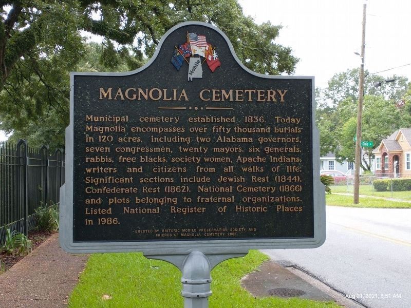Magnolia Cemetery marker side facing north as seen from the Magnolia Cemetery Ann Street entrance image. Click for full size.