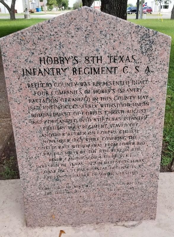 Hobby's 8th Texas Infantry Regiment, C.S.A. Marker (reverse) image. Click for full size.