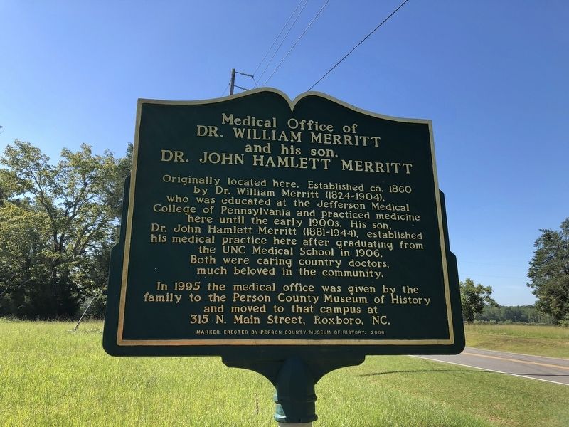 Medical Office of Dr. William Merritt and his son, Dr. John Hamlett Meritt Marker image. Click for full size.