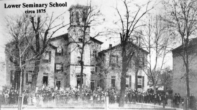 Marker detail: Lower Seminary School, circa 1875 image. Click for full size.