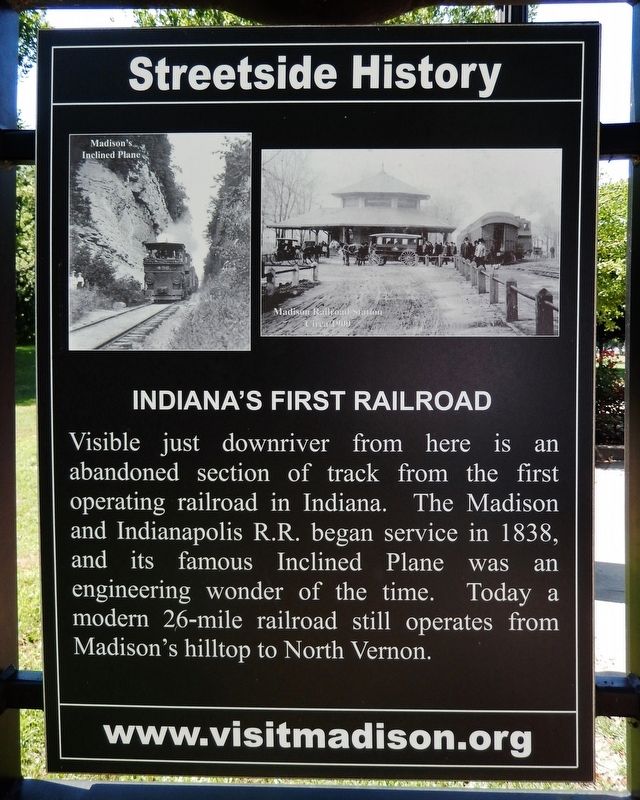 Indiana's First Railroad Marker (<i>east side</i>) image. Click for full size.