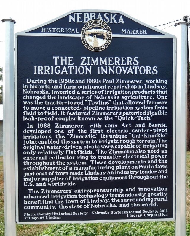 The Zimmerers — Irrigation Innovators Marker. Click for full size. The Zimmerers — Irrigation Innovators Marker image. Click for full size.