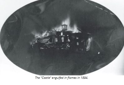 Baranof Castle in flames image. Click for full size.