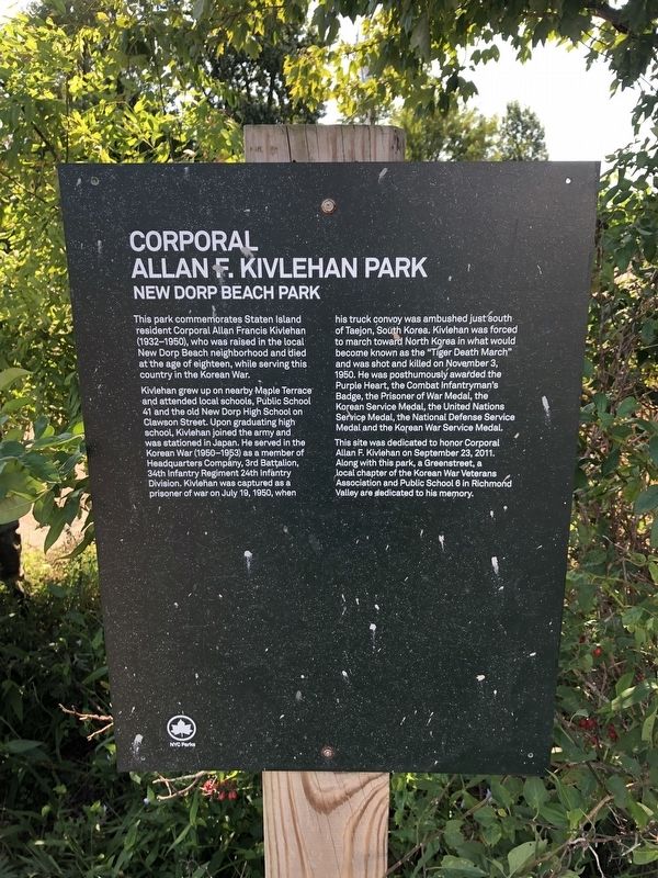 Corporal Allan F. Kivlehan Park Marker image. Click for full size.