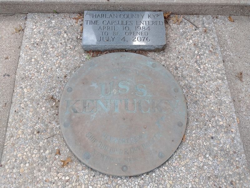 U.S.S. Kentucky Plaque and Harlan County Time Capsule at base of Harlan County WWI Memorial image. Click for full size.