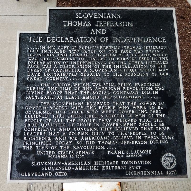 Slovenians, Thomas Jefferson and The Declaration of Independence Marker image. Click for full size.