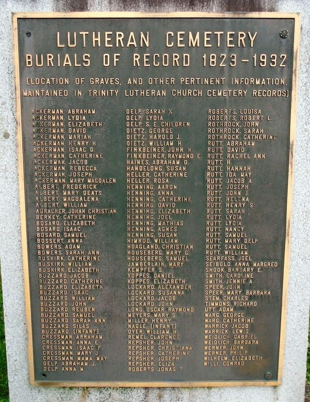 Lutheran Cemetery Burials of Record 1823 - 1932 Marker image. Click for full size.