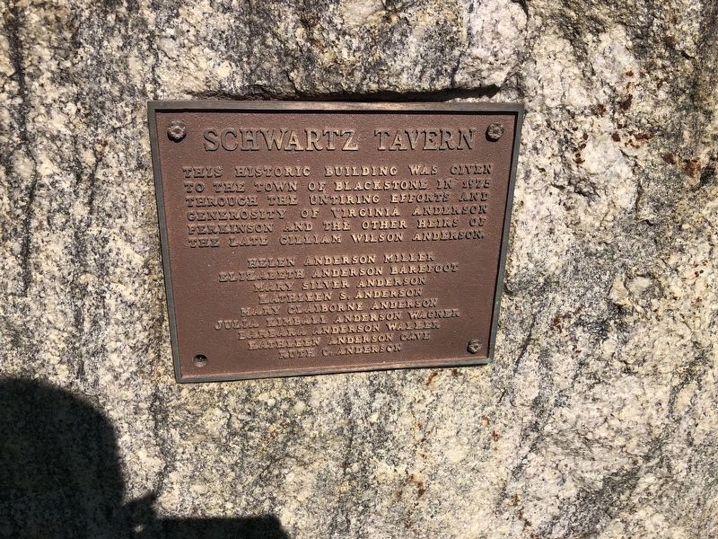 Nearby dedication plaque for Schwartz Tavern image. Click for full size.