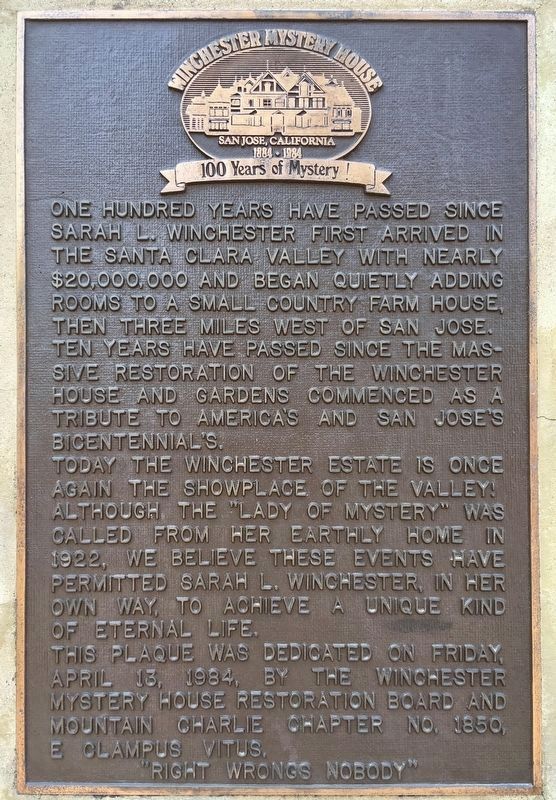 Winchester Mystery House Marker image. Click for full size.