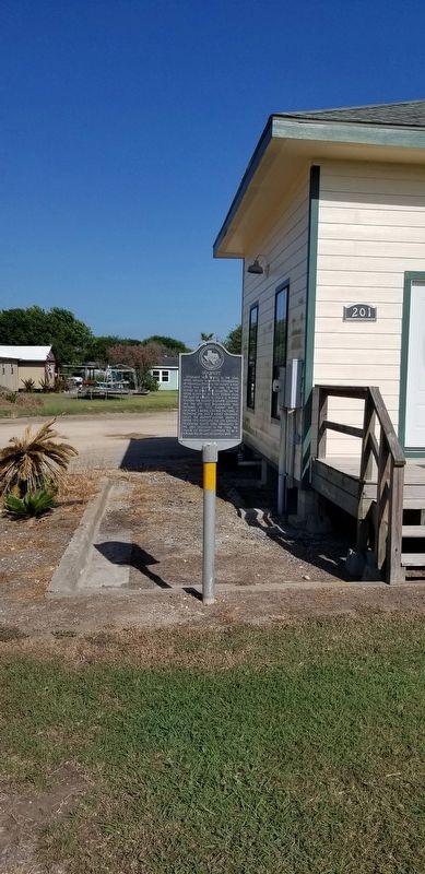 The Seadrift Marker next to the train depot building image. Click for full size.