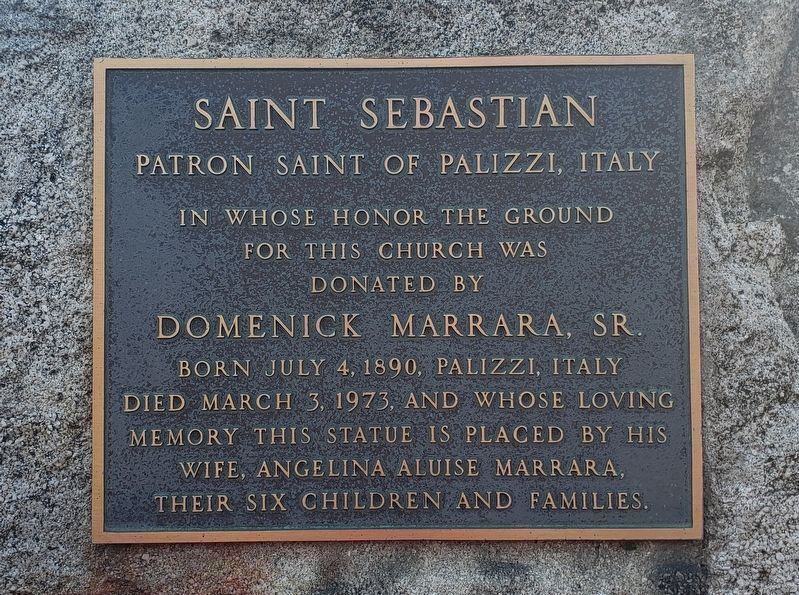 Dedication plaque for Saint Sebastian image. Click for full size.