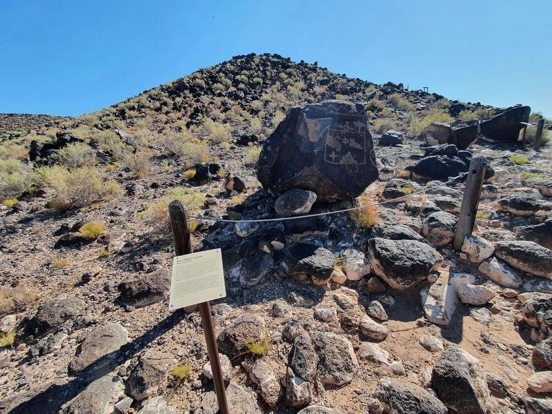 Mesa Point Trail Marker and Boulder with Petroglyphs image. Click for full size.