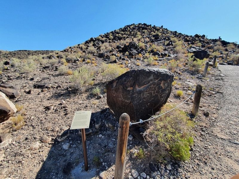 Mesa Point Trail Marker and Boulder with Petroglyphs image. Click for full size.