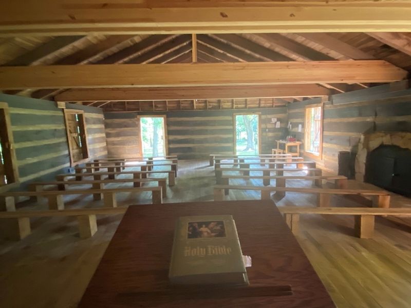Interior of the replica of The Red River Meeting House image. Click for full size.