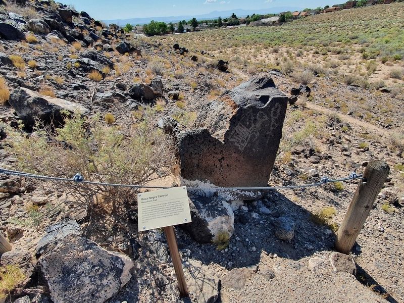 Mesa Point Trail Marker and Boulder with Petroglyphs image. Click for full size.