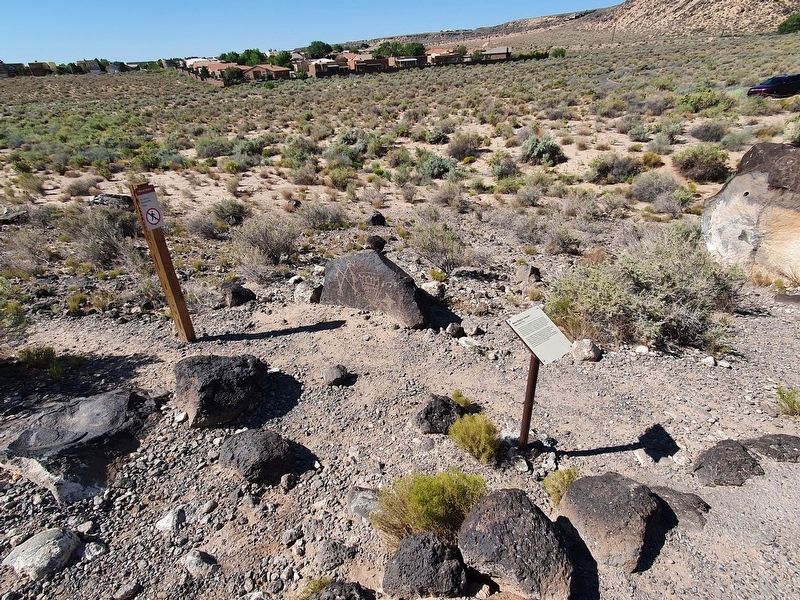 Mesa Point Trail Marker and Boulder with Petroglyphs image. Click for full size.