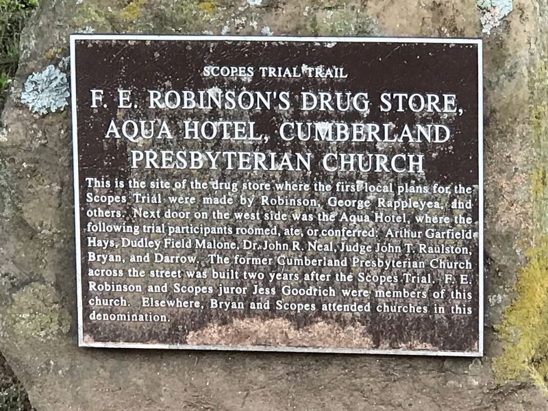 F.E. Robinson's Drug Store, Aqua Hotel, Cumberland Presbyterian Church Marker image. Click for full size.