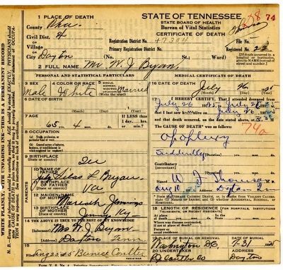 William Jennings Bryan's death certificate image. Click for full size.