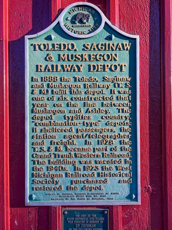 Toledo, Saginaw and Muskegon Railway Depot Marker. Click for full size. Toledo, Saginaw and Muskegon Railway Depot Marker image. Click for full size.