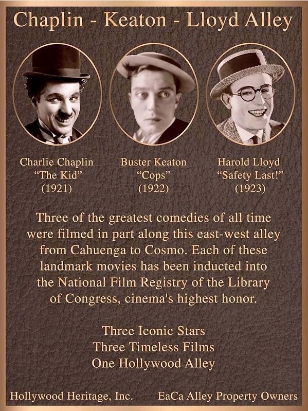 Chaplin-Keaton-Lloyd Alley Marker. Click for full size. Chaplin-Keaton-Lloyd Alley Marker image. Click for full size.