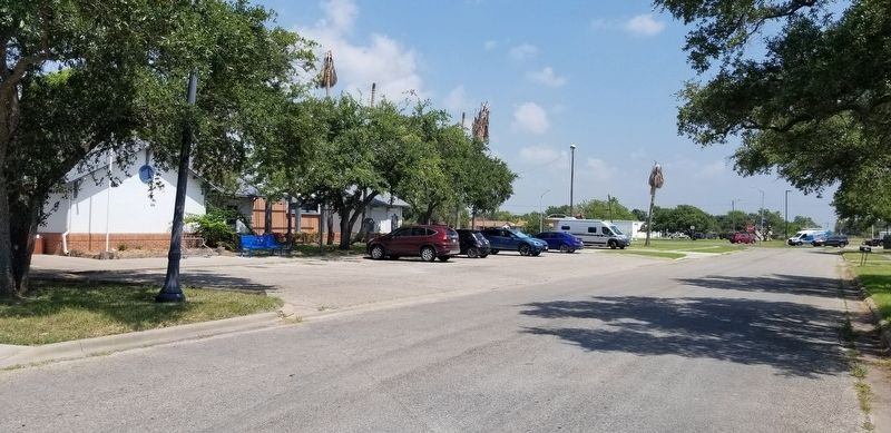 The view of the Great Land Lottery of Aransas Pass Marker and the Public Library from the street image. Click for full size.