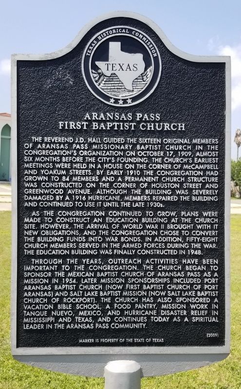 Aransas Pass First Baptist Church Marker image. Click for full size.