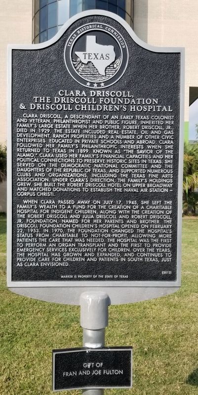 Clara Driscoll, the Driscoll Foundation & Driscoll Children's Hospital Marker image. Click for full size.