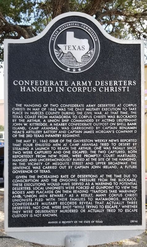 Confederate Army Deserters Hanged in Corpus Christi Marker. Click for full size. Confederate Army Deserters Hanged in Corpus Christi Marker image. Click for full size.