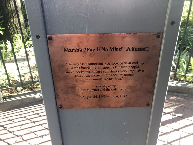 Plaque for the Martha "Pay It No Mind" Johnson bust. Click for full size. Plaque for the Martha "Pay It No Mind" Johnson bust image. Click for full size.