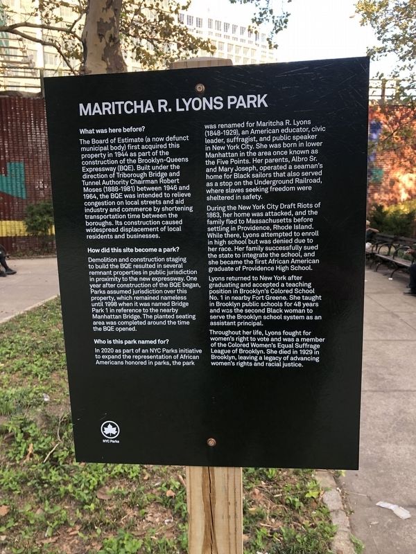 Maritcha R. Lyons Park Marker image. Click for full size.