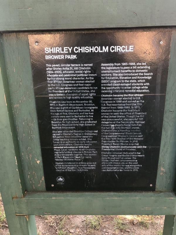Shirley Chisholm Park Marker. Click for full size. Shirley Chisholm Park Marker image. Click for full size.