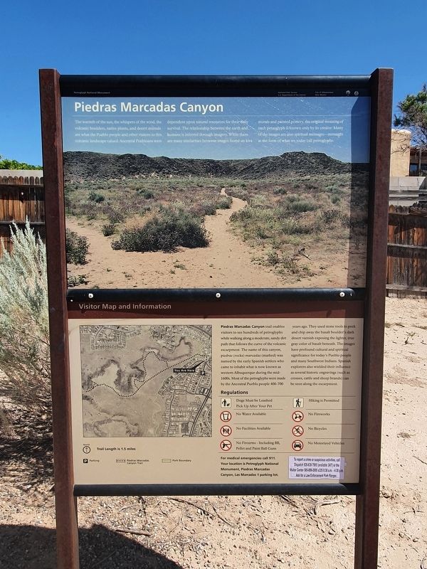 Piedras Marcadas Canyon Marker. Click for full size. Piedras Marcadas Canyon Marker image. Click for full size.