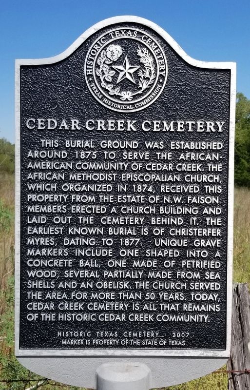 Cedar Creek Cemetery Marker. Click for full size. Cedar Creek Cemetery Marker image. Click for full size.