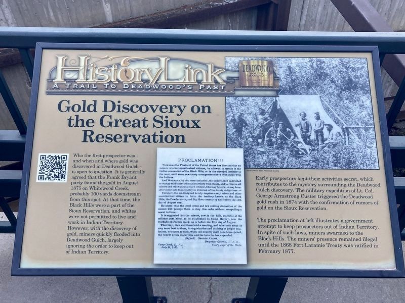 Gold Discovery in the Great Sioux Reservation Marker image. Click for full size.