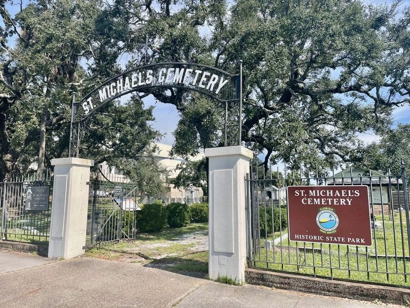 St. Michael's Cemetery entrance gate with marker just inside fence.. Click for full size. St. Michael's Cemetery entrance gate with marker just inside fence. image. Click for full size.
