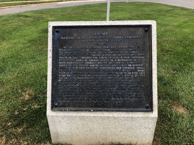Nearby plaque of the act protecting national cemeteries image. Click for full size.