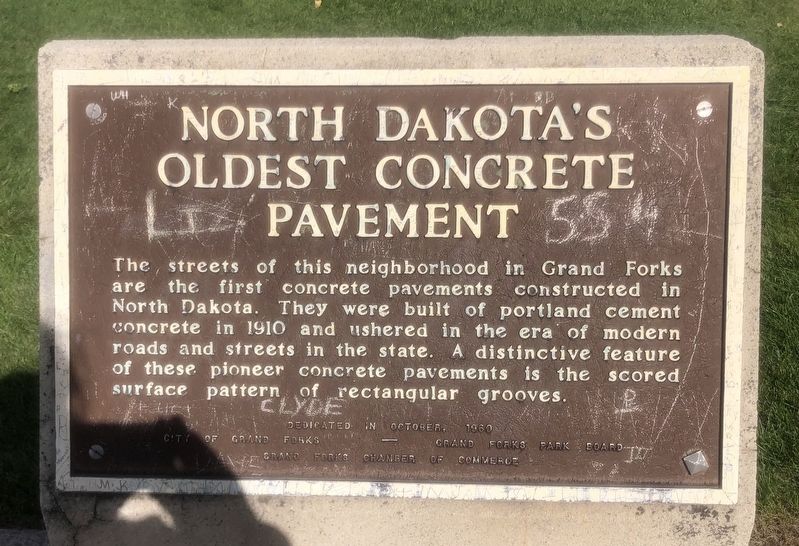North Dakota's Oldest Concrete Pavement Marker. Click for full size. North Dakota's Oldest Concrete Pavement Marker image. Click for full size.