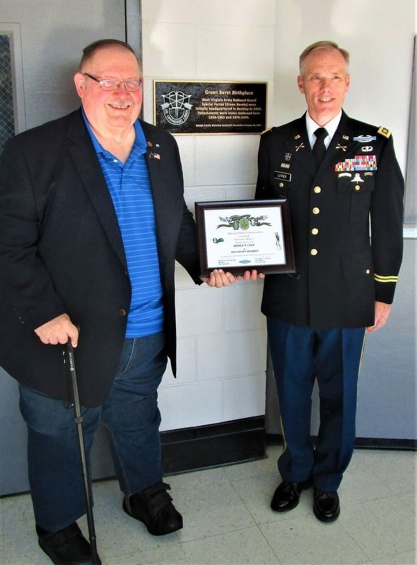 RCHS Marker Program Officer Merle T. Cole (l) and Major Luther standing by the marker. image. Click for full size.