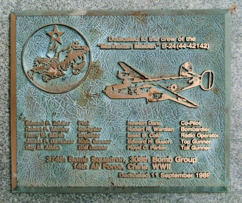 "Manhattan Maiden" B-24 (44-42142) Marker. Click for full size. "Manhattan Maiden" B-24 (44-42142) Marker image. Click for full size.
