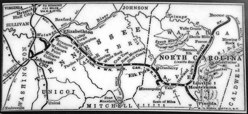 Marker detail: A map showing the ET&WNC railroad after it was extended to Boone, NC. image. Click for full size.