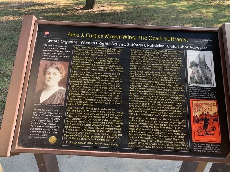 Alice J. Curtice Moyer-Wing , The Ozark Suffragist Marker image. Click for full size.