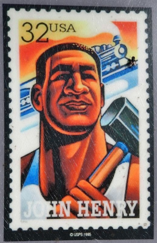 Marker detail: Postage stamp honoring legendary gandy dancer<br>John Henry image. Click for full size.