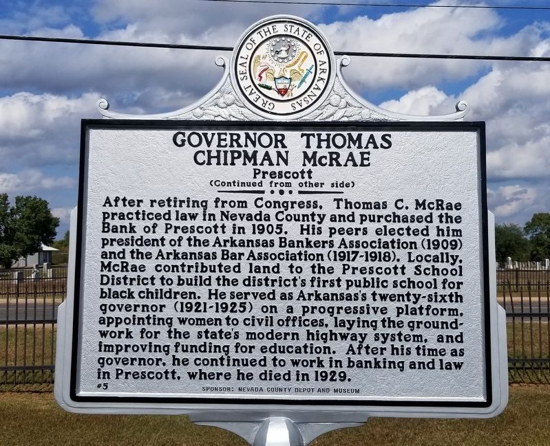 Governor Thomas Chipman McRae Marker Reverse image. Click for full size.