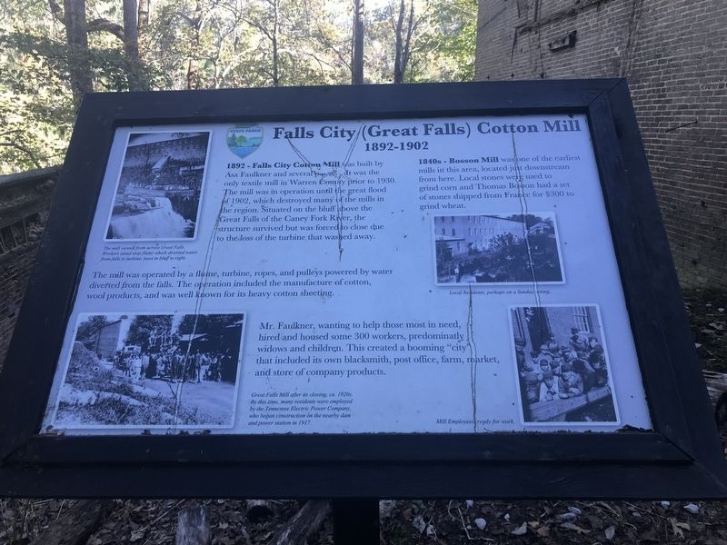 Falls City (Great Falls) Cotton Mill Marker. Click for full size. Falls City (Great Falls) Cotton Mill Marker image. Click for full size.