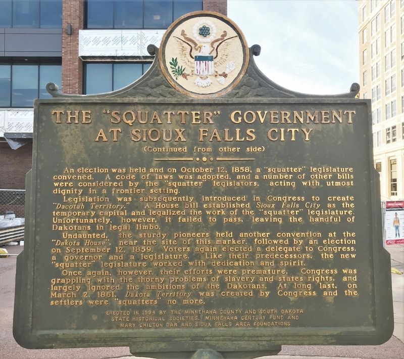 The "Squatter" Government at Sioux Falls City Marker image. Click for full size.