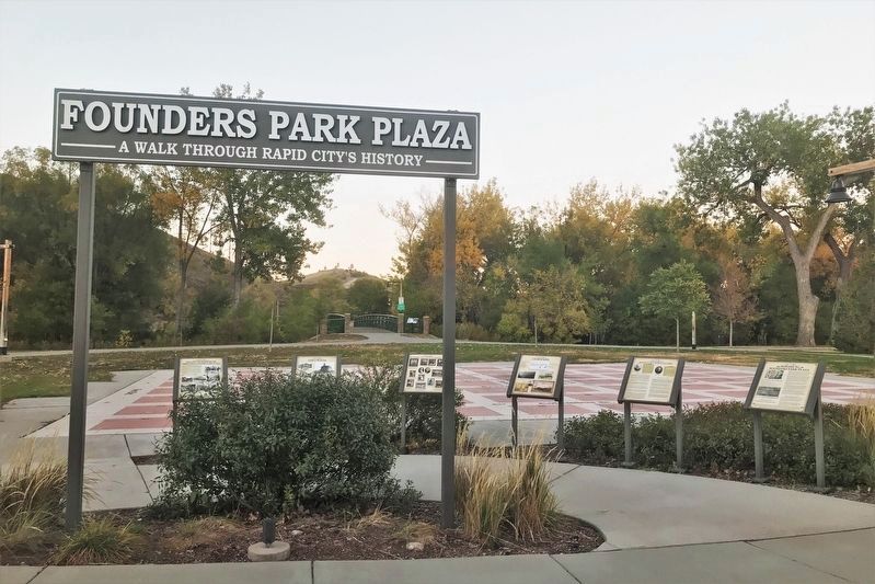 Rapid City's Founders Marker and other Founders Park Plaza Markers. Click for full size. Rapid City's Founders Marker and other Founders Park Plaza Markers image. Click for full size.