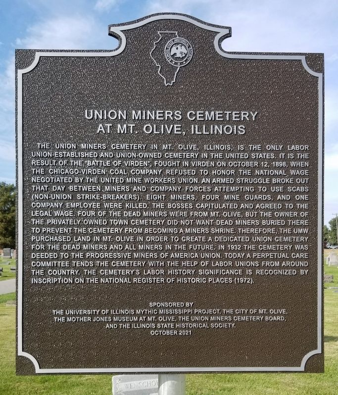 Union Miners Cemetery at Mt. Olive, Illinois Marker image. Click for full size.
